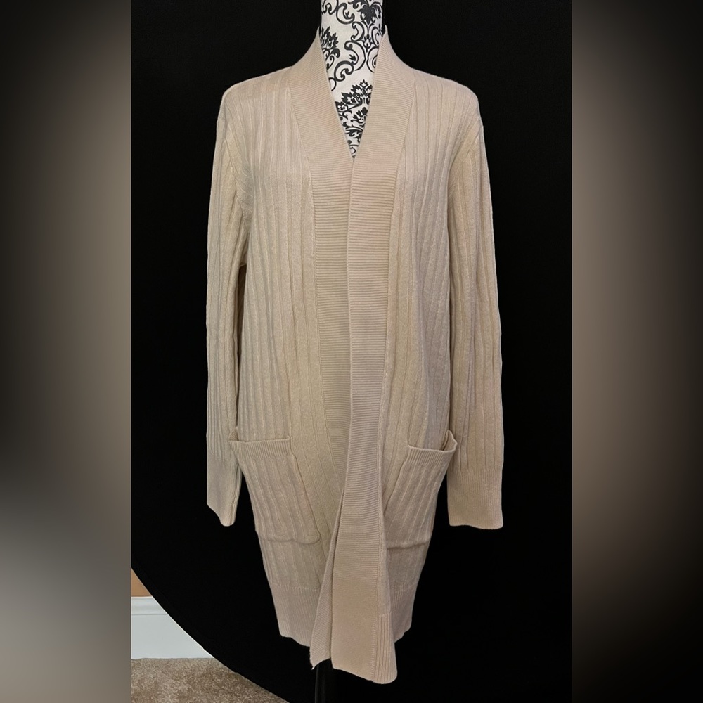 Loft Ribbed Pocket Open Cardigan in Beachside Khaki Heather Size XL NWT